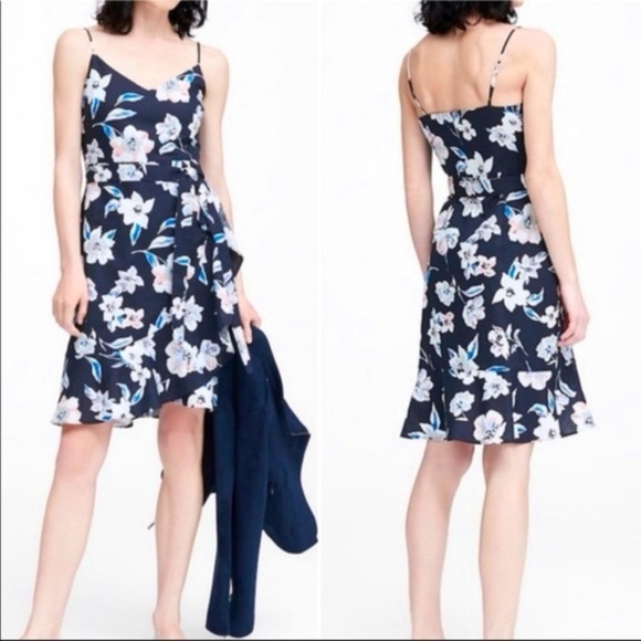 Banana Republic Linen Cotton Ruffle Wrap Dress Navy Floral Sz 4 - Picture 1 of 14